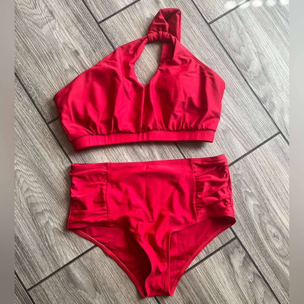 Red One Shouldered Bikini Set